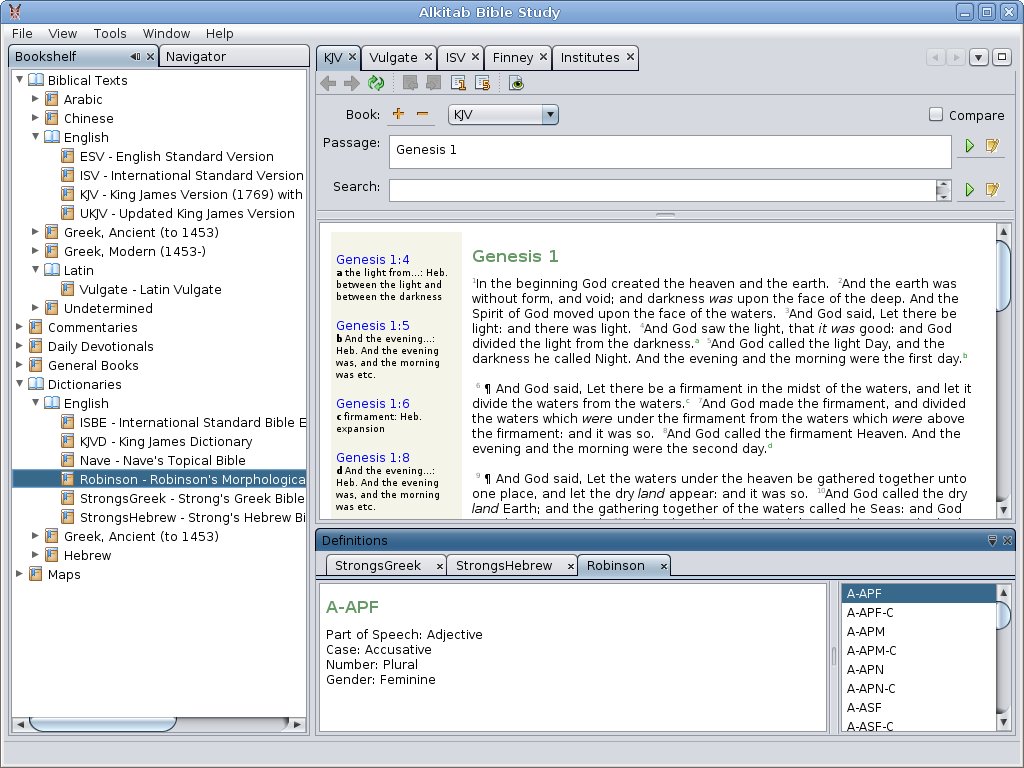 Alkitab is an open source and free desktop bible study software.